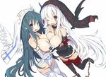  2girls blue_eyes blue_hair bodysuit breasts chain collar kawahara_megumi long_hair original panties purple_eyes thighhighs underwear white white_hair wings wink 