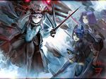  bad_id bad_pixiv_id battle bodysuit boots cape covered_navel enemy_aircraft_(kantai_collection) eyepatch fencing fingerless_gloves glaive gloves glowing glowing_eyes hat headgear highres kantai_collection long_hair mechanical_halo monster multiple_girls open_mouth pale_skin purple_eyes purple_hair ramudayajirushi school_uniform shinkaisei-kan short_hair silver_hair skirt sword tatsuta_(kantai_collection) tenryuu_(kantai_collection) thighhighs weapon wo-class_aircraft_carrier yellow_eyes 