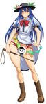  boots bottomless censored character_censor contrapposto cosine curvy food fruit full_body hat hinanawi_tenshi hips legs long_hair looking_at_viewer novelty_censor peach prism puffy_sleeves riding_crop shibari shibari_under_clothes simple_background smirk solo standing thighs touhou 