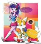  abstract_background backpack bag band-aid blue_eyes breasts canine clothing cutie_mark dialog english_text equestria_girls female fox hair male mammal miles_prower miniskirt multi-colored_hair multiple_tails my_little_pony purple_eyes purple_hair racket sega shirt skirt sneakers socks sonic_(series) tails tank_top tennis_racket text the-butch-x twilight_sparkle_(eg) vest visor 