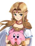  1girl 1other :d blonde_hair blue_eyes blush commentary_request earrings highres hug jewelry kirby kirby_(series) long_hair looking_at_viewer necklace nintendo open_mouth pearl_necklace pointy_ears princess_zelda schreibe_shura shoulder_pads simple_background smile super_smash_bros. super_smash_bros._ultimate the_legend_of_zelda the_legend_of_zelda:_a_link_to_the_past triforce vambraces white_background 