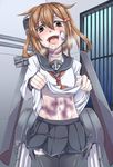  bandage_on_face bandages black_legwear blood blood_on_face blush brown_eyes brown_hair bruise commentary_request crying cum cum_in_mouth cum_on_tongue empty_eyes fang hair_ornament hairclip ikazuchi_(kantai_collection) injury kantai_collection kuon_yashiro long_sleeves midriff navel open_mouth pantyhose ryona school_uniform serafuku short_hair skirt smile solo tears 