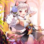  :d animal_ears armlet bell blush breasts capelet cat_ears cat_tail cleavage clenched_hands fang flower gate_of_dimension gilse gloves hair_flower hair_ornament jingle_bell looking_at_viewer medium_breasts open_mouth red_eyes short_hair silver_hair smile solo spikes tail tail_ornament white_gloves 