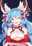  1girl animal_ears bangs bare_shoulders blue_hair bow breasts brown_gloves bunny_ears christmas commentary detached_sleeves earrings english_commentary erune eyebrows_visible_through_hair eyes_closed ferry_(granblue_fantasy) fur-trimmed_sleeves fur_trim gloves granblue_fantasy hair_between_eyes hair_bow highres jewelry long_hair open_mouth pastry_box red_bow ricegnat single_earring small_breasts smile solo striped striped_bow underboob upper_body upper_teeth very_long_hair wavy_hair 