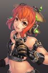  :d bandeau belt breasts bullet gloves glowing goggles goggles_around_neck headgear headset jak light_particles magazine_(weapon) open_mouth orange_eyes orange_hair original simple_background small_breasts smile solo unzipped 