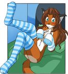  blue_eyes blush brown_fur brown_hair canine chest_tuft edit female fox fur hair keidran laura_(twokinds) legs_up looking_at_viewer lying mammal navel nazarov77 nishizumi77 on_back photoshop socks solo tom_fischbach tuft twokinds water 