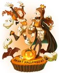  2girls brown_hair dotioa food halloween hat highres idolmaster jack-o&#039;-lantern jack-o'-lantern long_hair looking_at_viewer midriff minase_iori multiple_girls navel open_mouth orange_hair pumpkin takatsuki_yayoi white_background wink 