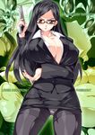  1girl all_the_way_through black_hair breasts bursting_breasts cleavage cum deep_penetration glasses gun huge_breasts large_insertion looking_at_viewer nipple_penetration pregnant skin_tight smash_daisaku solo tentacle tight weapon 