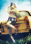  bangs blonde_hair bracelet car grass ground_vehicle hat high_heels jewelry long_hair motor_vehicle necklace original pose red_eyes skirt smile solo sunlight tank_top total 