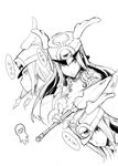  blazblue greyscale monochrome partially_translated sakula short_sword solo sword third_eye translation_request tsubaki_yayoi weapon winged_hat 