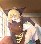  blonde_hair bow bow_panties breasts commentary_request cowgirl_position cube85 fangs girl_on_top hair_bow heavy_breathing implied_sex kurodani_yamame large_breasts panties panties_around_one_leg purple_panties short_hair straddling touhou underwear yellow_eyes 