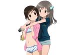  2girls bikini black_eyes black_hair camera gray_hair green_eyes hug long_hair midiman mitani_kanae sawatari_fuu short_hair shorts swimsuit tamayura transparent 