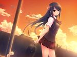  bag black_eyes black_hair breasts cloud clouds coffee-kizoku evening free_friends_2 game_cg highres legs long_hair looking_at_viewer medium_breasts noesis school_bag school_uniform shinozaki_sumire skirt sky solo standing sunlight thighs 