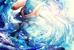  fighting_stance gen_6_pokemon greninja looking_at_viewer no_humans pokemon pokemon_(creature) red_eyes scarf sei_mutsuki solo tongue water whirlpool 