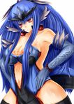 bare_shoulders blue_hair breasts cleavage earrings elbow_gloves fang gen_1_pokemon gloves gyarados highres impossible_clothes jewelry large_breasts leotard long_hair navel navel_cutout personification pointy_ears pokemon red_eyes slit_pupils solo strapless super_oniko thighhighs 