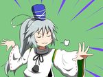  :3 black_ribbon blush_stickers breath closed_eyes emphasis_lines hat japanese_clothes kariginu long_hair long_sleeves mononobe_no_futo pom_pom_(clothes) ponytail ribbon shinori silver_hair smile solo tate_eboshi touhou upper_body v-shaped_eyebrows 