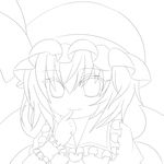  ascot bad_id bad_pixiv_id bat_wings blouse bow collared_shirt commentary_request frilled_hat frilled_shirt frills greyscale hand_on_own_face hat hat_bow hat_ribbon index_finger_raised lineart looking_at_viewer mob_cap monochrome portrait puffy_sleeves remilia_scarlet ribbon shirona_(amenomurakumo26) shirt simple_background smile solo touhou white_background wings wrist_cuffs 