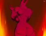  angry big_breasts big_butt breasts butt demon female fire looking_at_viewer looking_back muscles muscular_female nude red_skin side_boob slypon solo toned under_boob wide_hips 