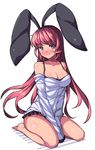  animal_ears barefoot blue_eyes breasts bunny_ears cleavage full_body large_breasts long_hair long_sleeves looking_at_viewer original red_hair saiste simple_background smile solo white_background 