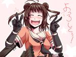  antenna_hair blush brown_eyes brown_hair double_bun double_v elbow_gloves gloves hair_bun kantai_collection kuon_yashiro naka_(kantai_collection) open_mouth school_uniform serafuku short_hair smile translated v 