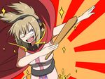 ;d brown_eyes brown_hair cape dab_(dance) earmuffs macedonian_flag one_eye_closed open_mouth outstretched_arm paddle pointy_hair ritual_baton shinori short_hair short_twintails sleeveless smile solo standing sunburst touhou toyosatomimi_no_miko twintails 