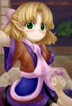  arm_up arm_warmers blonde_hair blush bow dress green_eyes hair_bow highres holding_hands indoors layered_dress looking_at_viewer mizuhashi_parsee official_style oota_jun'ya_(style) out_of_frame parody pointy_ears pov pov_hands scarf short_hair sliding_doors smile solo_focus style_parody tatami touhou veranda yuki-ichigo 