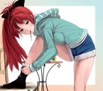  adjusting_clothes adjusting_legwear blush breasts casual chair denim denim_shorts dressing food hood hoodie leg_up legs long_hair long_legs looking_at_viewer mahou_shoujo_madoka_magica masao medium_breasts mouth_hold pocky ponytail red_hair sakura_kyouko shorts solo table yellow_eyes 