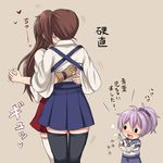  :d akagi_(kantai_collection) aoba_(kantai_collection) blush brown_hair chibi gloves hug inaho japanese_clothes kaga_(kantai_collection) kantai_collection kiss long_hair multiple_girls muneate open_mouth partly_fingerless_gloves ponytail purple_hair school_uniform short_hair side_ponytail smile solid_oval_eyes tasuki thighhighs v-shaped_eyebrows yugake yuri zettai_ryouiki 