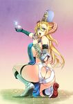  armor ass ass_cutout blonde_hair blush body_blush boots breasts butt_crack glasses gloves green_eyes hat high_heel_boots high_heels horns kneeling large_breasts long_hair mammon_(the_seven_deadly_sins) nishii_(nitroplus) open_mouth panties potion simple_background sorcerer the_seven_deadly_sins thong underwear 
