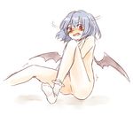  bat_wings blue_hair blush fang looking_at_viewer maru_usagi nude open_mouth red_eyes remilia_scarlet simple_background sitting solo touhou white_background wings 