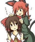 animal_ears ascot bare_shoulders blush bow braid brown_hair cat_ears cat_tail detached_sleeves dress frills hair_bow hair_tubes hakurei_reimu kaenbyou_rin kumo_(atm) long_hair multiple_girls musical_note open_mouth red_hair smile spoken_musical_note sweatdrop tail touhou translated 