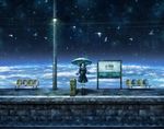  bad_id bad_pixiv_id bird black_hair boots chair cloud coat dark earth english flying holding horizon kazami_(kuroro) long_sleeves looking_at_viewer night night_sky original power_lines railroad_tracks scarf scenery sign skirt sky smile snowing solo standing star_(sky) starry_sky suitcase train_station winter winter_clothes 