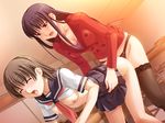  2girls bent_over black_legwear blush breasts brown_eyes brown_hair classroom cleavage clothed_sex dildo doggystyle dutch_angle eyes_closed femdom game_cg indoors kaiho_izumi kurata_shizuru lace lace-trimmed_thighhighs legwear moaning multiple_girls nipples ojiri_shin'ya open_mouth plaid plaid_skirt precious_tail purple_hair puzzlebox sailor_collar school_uniform serafuku sex shirt_lift short_hair skirt skirt_around_belly strap-on student teacher teacher_and_student thighhighs torso_grab toshiue_lesson yuri 