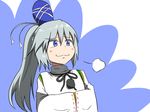  :3 black_ribbon blue_background blue_eyes hands_in_opposite_sleeves hands_together hat japanese_clothes long_hair long_sleeves mononobe_no_futo pom_pom_(clothes) ponytail ribbon shinori silver_hair simple_background smile solo tabard tate_eboshi touhou two-tone_background white_background 