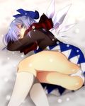 aqua_eyes ass blue_hair blue_skirt bow cirno covered_mouth embellished_costume hair_bow highres ice ice_wings jacket looking_at_viewer lying on_side panties pantyshot pantyshot_(lying) rokkou scarf skirt snow snowing solo touhou underwear upskirt white_panties wings winter 