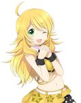 ;3 ;d blonde_hair costume green_eyes hands_together hoshii_miki idolmaster idolmaster_(classic) long_hair masato_ayame one_eye_closed open_mouth smile solo wristband 