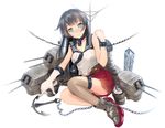  agano_(kantai_collection) anchor bdsm black_hair bondage bound chain collar cuffs gloves green_eyes kantai_collection long_hair looking_at_viewer miyabi_(miyabi) pleated_skirt school_uniform serafuku single_thighhigh skirt solo thighhighs white_gloves 