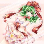  bad_anatomy blush bow bra flower front_ponytail green_eyes green_hair hair_bow hair_ribbon kagiyama_hina navel open_mouth pink_background ribbon short_hair skirt smile solo tamichan touhou underwear wrist_ribbon 