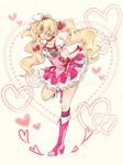  blonde_hair boots bow choker cure_peach earrings fresh_precure! frilled_skirt frills hair_ornament happy heart high_heels hirokabii jewelry knee_boots kneehighs long_hair looking_at_viewer magical_girl momozono_love one_eye_closed open_mouth pink_bow pink_choker pink_eyes pink_footwear pink_legwear pink_skirt precure puffy_sleeves sketch skirt smile solo standing standing_on_one_leg twintails wrist_cuffs 