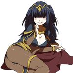  ass bangs black_eyes black_hair blunt_bangs blush bodysuit bracelet breasts bridal_gauntlets cleavage fire_emblem fire_emblem:_kakusei hair_ornament hand_on_own_chin hetano_yoko_sukii jewelry long_hair looking_at_viewer lying medium_breasts on_side open_mouth smile solo tharja two_side_up white_background 