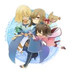  2boys anise_tatlin blonde_hair blue_background blue_legwear boots brown_hair closed_eyes coat doll full_body gift glasses glomp gloves happy_birthday hug jade_curtiss maora_oto multiple_boys peony_ix red_eyes short_hair smile tales_of_(series) tales_of_the_abyss thigh_boots thighhighs tokunaga twintails white_legwear 