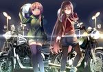  belt braid brown_eyes brown_hair denim denim_shorts glasses gloves ground_vehicle helmet jacket long_hair looking_back motor_vehicle motorcycle motorcycle_helmet multiple_girls original pantyhose retsuna shorts smile thighhighs turtleneck very_long_hair 