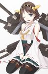 ;d bad_id bad_pixiv_id bare_shoulders black_legwear blue_eyes brown_hair cannon detached_sleeves frilled_skirt frills hair_ornament hairband hairclip hand_on_lap he92 headgear hiei_(kantai_collection) highres japanese_clothes kantai_collection nontraditional_miko one_eye_closed open_mouth pantyhose plaid plaid_skirt ribbon-trimmed_sleeves ribbon_trim short_hair sitting skirt smile turret wariza 