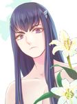  black_hair eyebrows flower hair_ornament hairclip kill_la_kill kiryuuin_satsuki long_hair nude purple_eyes solo wata_guarana 