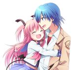  1girl angel_beats! blue_eyes blue_hair closed_eyes couple fang hetero hinata_(angel_beats!) hug long_hair pink_hair school_uniform serafuku shinda_sekai_sensen_uniform short_hair soranagi two_side_up yui_(angel_beats!) 