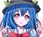  bad_id bad_pixiv_id blue_hair bow face food fruit gradient gradient_background hat hinanawi_tenshi looking_at_viewer open_mouth peach pink_background pink_eyes solo touhou upper_body velia 