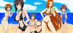  5girls absurdres all_fours beach bespectacled bikini blue_eyes blue_hair blush breasts brown_eyes brown_hair cleavage crossover drink drooling girls_und_panzer glasses hair_ornament highres huge_breasts kawashima_momo konori_mii long_hair lyrical_nanoha mahou_shoujo_lyrical_nanoha_strikers miyanaga_saki multiple_girls mutsuya open_mouth orange_eyes orange_hair pink_eyes polka_dot saki sara_(tanken_driland) seiyuu_connection shiny shiny_skin short_hair small_breasts sweatdrop swimsuit tanken_driland to_aru_kagaku_no_railgun to_aru_majutsu_no_index ueda_kana yagami_hayate 