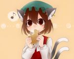 animal_ears bad_id bad_pixiv_id beige_background brown_hair cat_ears cat_tail chen earrings eating eighth_note food jewelry multiple_tails musical_note nekomata red_eyes shiromizu simple_background spoken_musical_note tail taiyaki touhou two_tails wagashi 