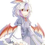  ahoge bad_id bad_pixiv_id blue_hair ellipsis_(mitei) head_wings horns multicolored_hair red_eyes short_hair silver_hair simple_background single_head_wing smile solo tokiko_(touhou) touhou two-tone_hair white_background wings 