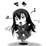  aoki_hagane_no_arpeggio bow chibi dress fang greyscale long_hair maya_(aoki_hagane_no_arpeggio) monochrome musical_note open_mouth personification smiley_face solo striped takuteks thighhighs translation_request 